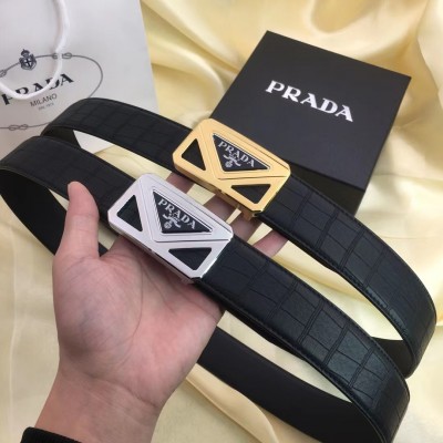 3.8cm width prada stainless steel western buckle genuine leather belt