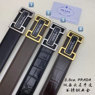 3.8cm width prada stainless steel western buckle genuine leather belt